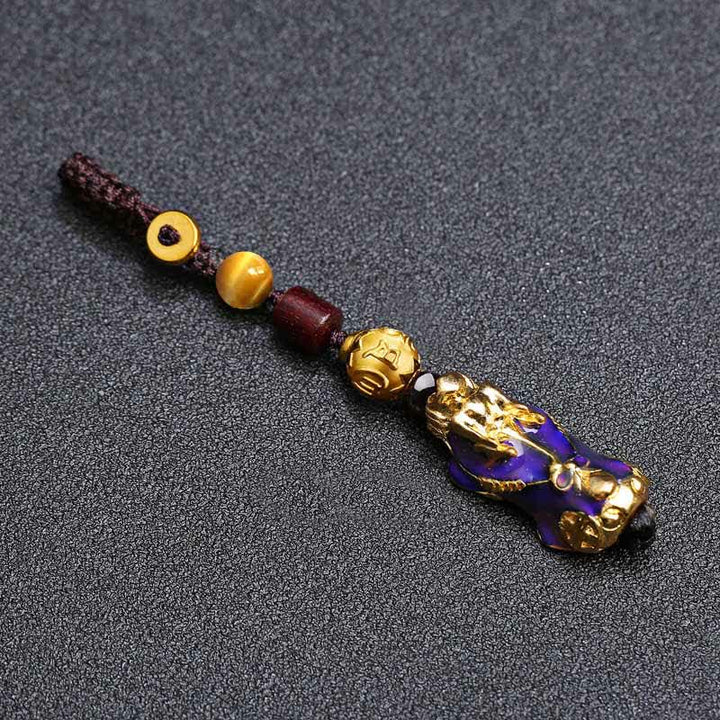 Buddha Stones Breloczki do kluczy samochodowych z plecionej liny Pi Xiu Wealth Energy w kolorze mosiądzu, zmieniające kolor - image 1