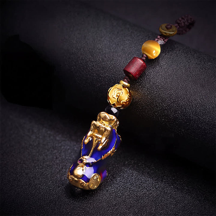 Buddha Stones Breloczki do kluczy samochodowych z plecionej liny Pi Xiu Wealth Energy w kolorze mosiądzu, zmieniające kolor - Breloczki Pi Xiu (rozmiar wisiorka: 33*15*13 mm) - image 0
