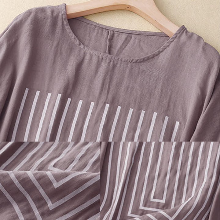 Buddha Stones Casual Line Printing Pattern Krótki rękaw Bawełna Len Damska Koszulka T-shirt - image 18