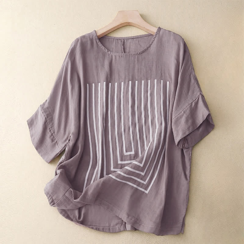 Buddha Stones Casual Line Printing Pattern Krótki rękaw Bawełna Len Damska Koszulka T-shirt - Oset - US12, UK/AU16, EU44 (2XL) - image 17
