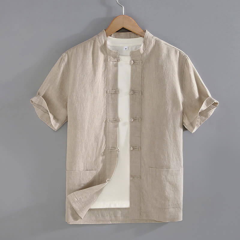 Koszula męska z kieszeniami i guzikami w stylu chińskim z motywem żaby i Buddha Stones w stylu vintage, prosta - Beżowy - US/UK/AU46， EU56 (5XL) - image 0