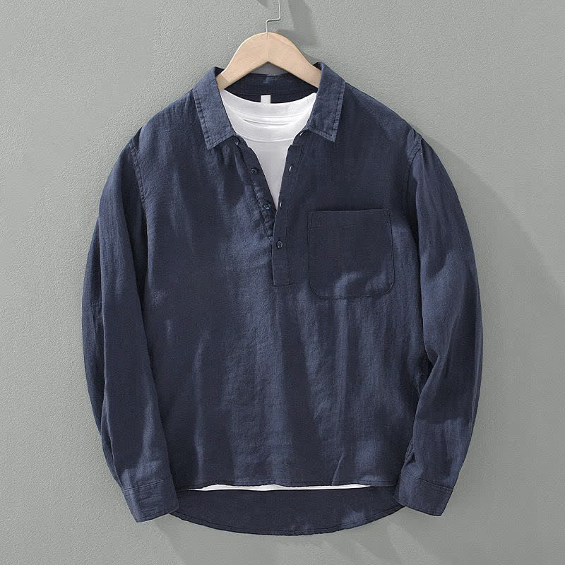 Buddha Stones Letnie, swobodne, minimalistyczne, solidne koszule męskie z długim rękawem i kieszenią naszywaną - MidnightBlue - US/UK/AU44, EU54 (4XL) - image 0