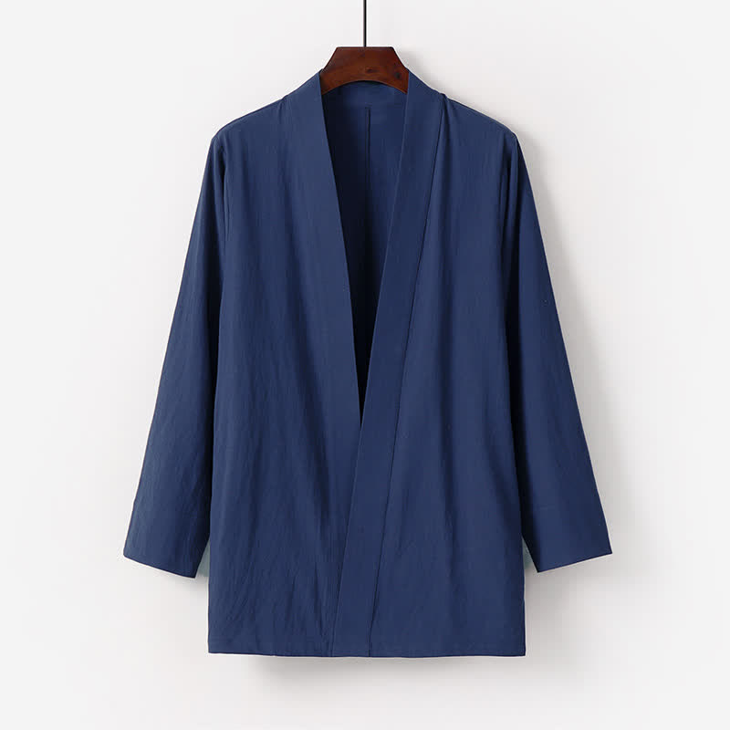 Buddha Stones Letnie minimalistyczne męskie kimono z litej bawełny i lnu z kieszenią - MidnightBlue - US/UK/AU50, EU60 (7XL) - image 0