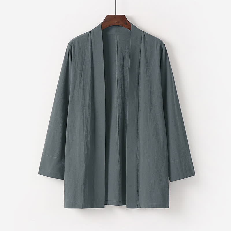 Buddha Stones Letnie minimalistyczne męskie kimono z litej bawełny i lnu z kieszenią - DimGray - US/UK/AU50, EU60 (7XL) - image 1