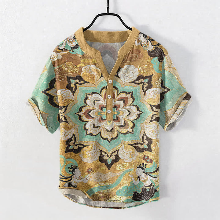Buddha Stones Koszula męska z krótkim rękawem i nadrukiem w mandalę z motywem lotosu, bawełniana, zapinana na pół guzika - Złoto - US/UK/AU50, EU60 (5XL) - image 0