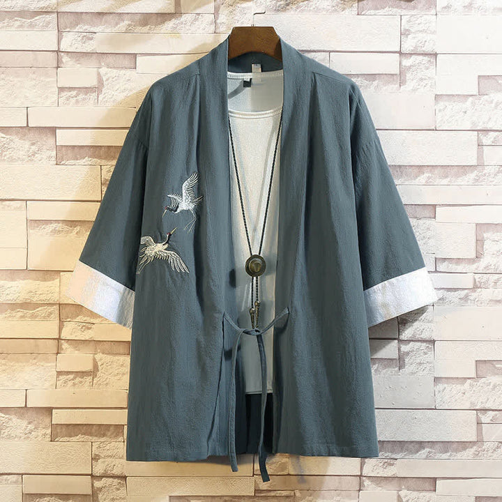 Buddha Stones Wiosenno-letni, swobodny, vintage'owy, haftowany żuraw, męski kimono z rękawami do łokcia - CadetBlue White Crane - US/UK/AU46, EU56 (5XL) - image 0