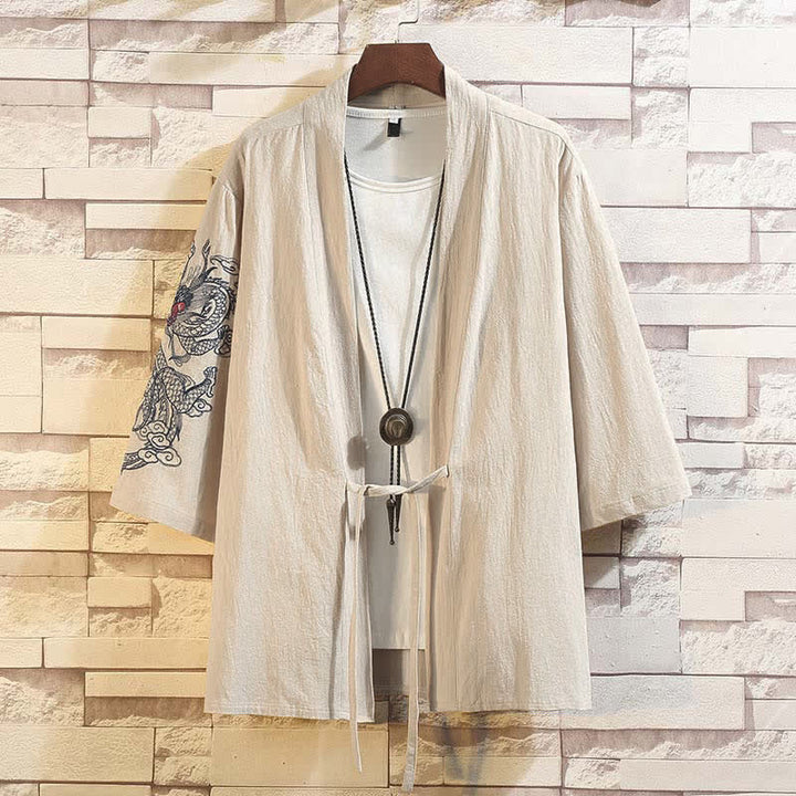 Buddha Stones Wiosenno-letni, swobodny, vintage'owy, haftowany żuraw, męski kimono z rękawami do łokcia - Beżowy Smok - US/UK/AU46, EU56 (5XL) - image 19