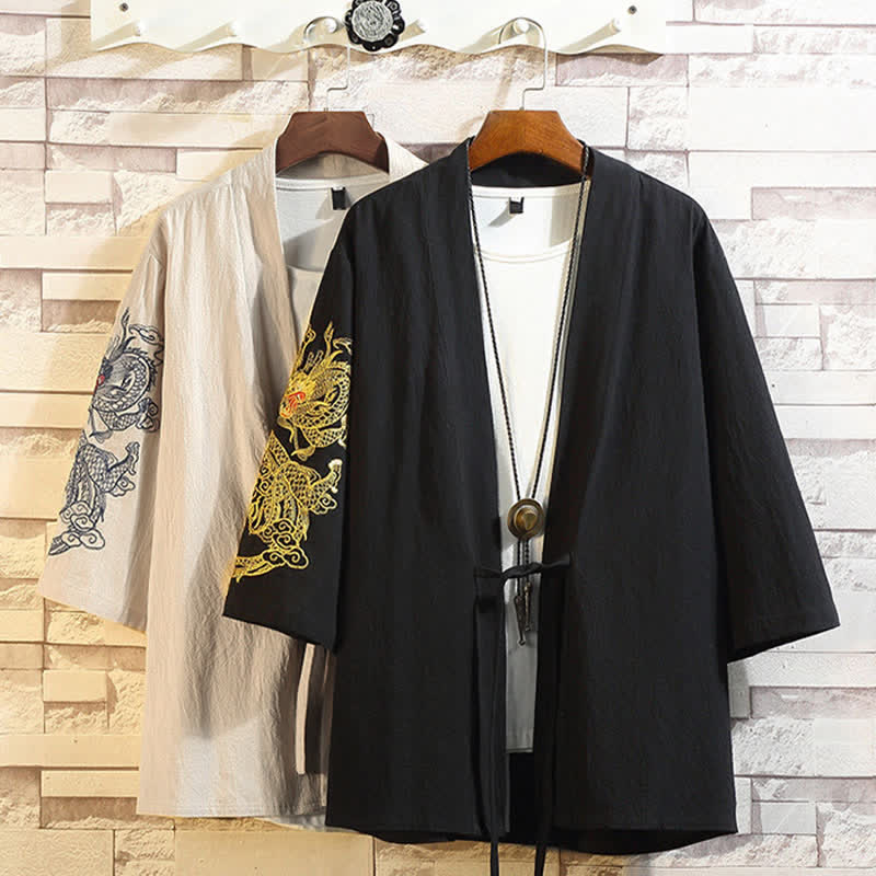 Buddha Stones Wiosenno-letni, swobodny, vintage'owy, haftowany żuraw, męski kimono z rękawami do łokcia - image 32