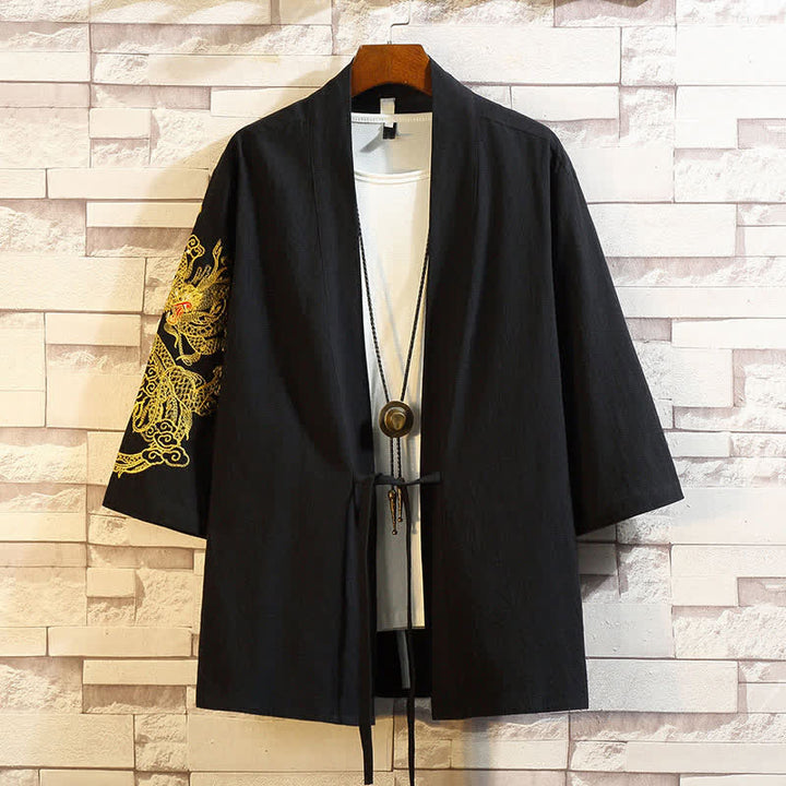 Buddha Stones Wiosenno-letni, swobodny, vintage'owy, haftowany żuraw, męski kimono z rękawami do łokcia - Czarny Smok - US/UK/AU46, EU56 (5XL) - image 15