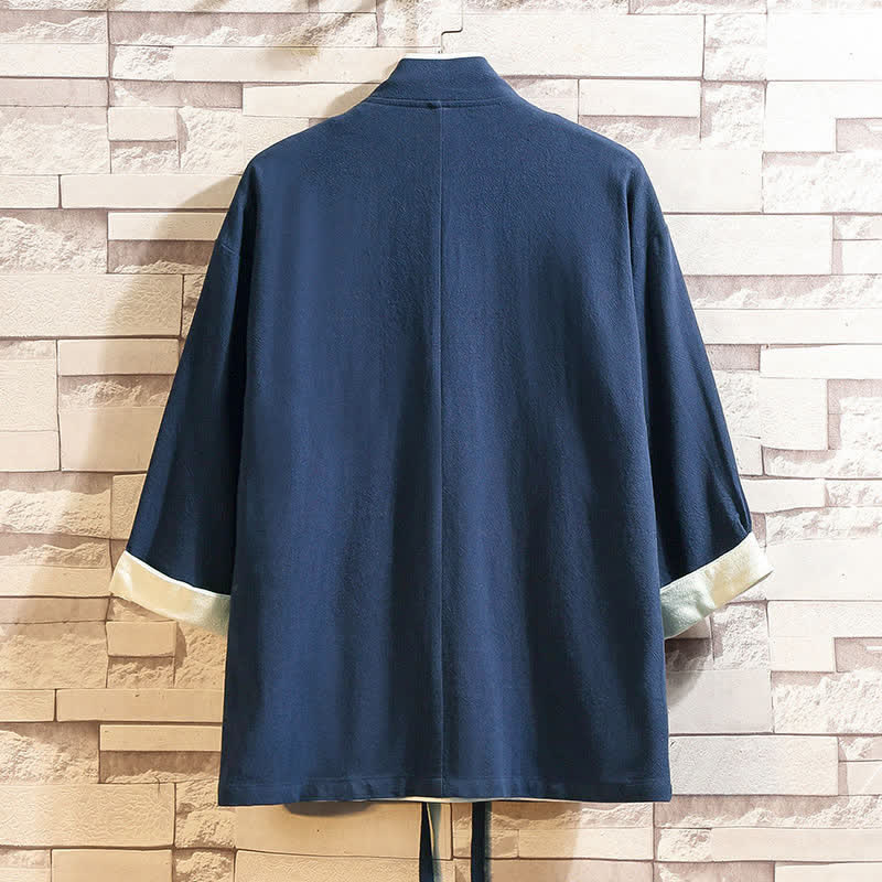 Buddha Stones Wiosenno-letnie, swobodne, minimalistyczne, jednokolorowe, męskie kimono z rękawami 3/4 i kieszeniami - image 1