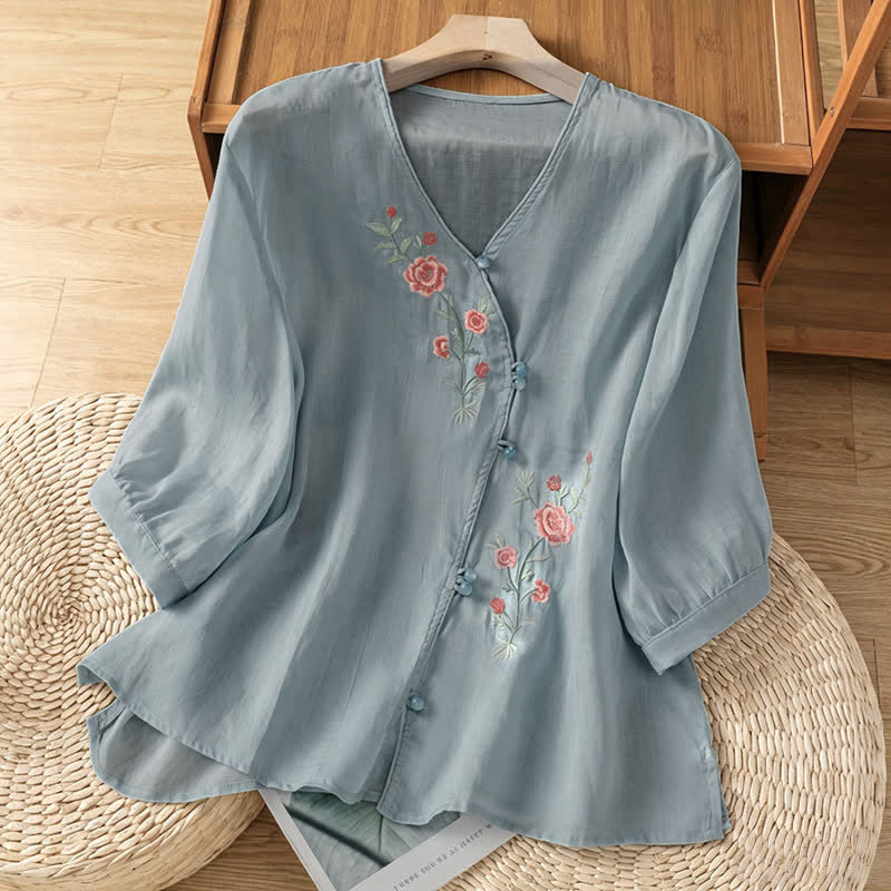 Buddha Stones Letnie koszule damskie w stylu Tang z haftem kwiatowym w stylu vintage i rękawami do łokcia - PowderBlue - US8-10, UK/AU12-14, EU40-42 (2XL) - image 0
