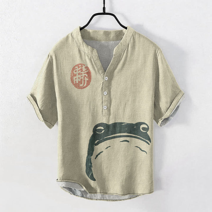 Buddha Stones Koszula męska z krótkim rękawem i nadrukiem w stylu vintage z żabą i foką, zapinana na pół guzika - Beżowy - US/UK/AU50, EU60 (5XL) - image 0