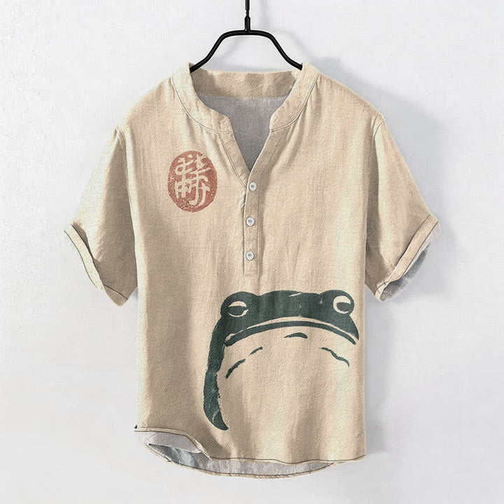 Buddha Stones Koszula męska z krótkim rękawem i nadrukiem w stylu vintage z żabą i foką, zapinana na pół guzika - Pszenica - US/UK/AU50, EU60 (5XL) - image 5