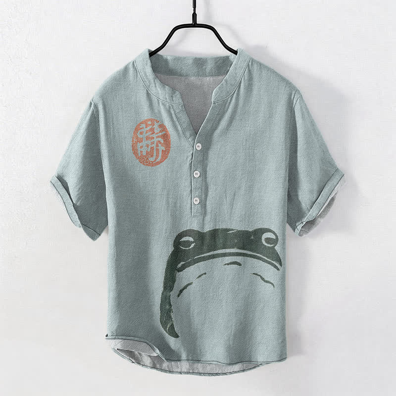 Buddha Stones Koszula męska z krótkim rękawem i nadrukiem w stylu vintage z żabą i foką, zapinana na pół guzika - CadetBlue - US/UK/AU50, EU60 (5XL) - image 7