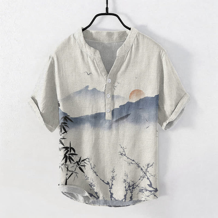 Buddha Stones Koszula męska z krótkim rękawem i półguzikiem, z nadrukiem Cotton Ink Mountain Sun Pattern - Beżowy - US/UK/AU50, EU60 (5XL) - image 0