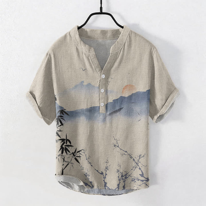 Buddha Stones Koszula męska z krótkim rękawem i półguzikiem, z nadrukiem Cotton Ink Mountain Sun Pattern - Dębnik - US/UK/AU50, EU60 (5XL) - image 3