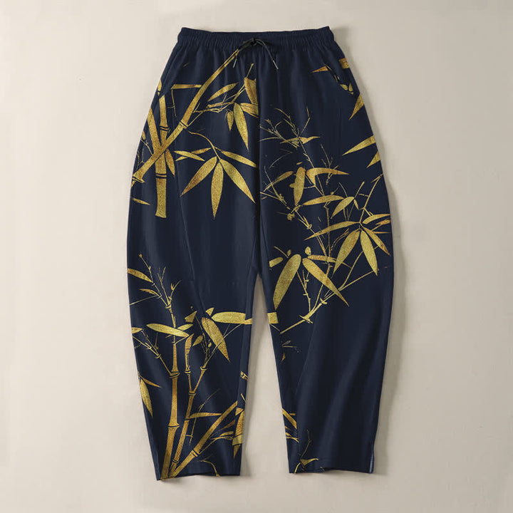 Buddha Stones Spodnie męskie zwężane, z czystej bawełny, ze złotym wzorem bambusa, ze ściągaczem i kieszeniami - image 2