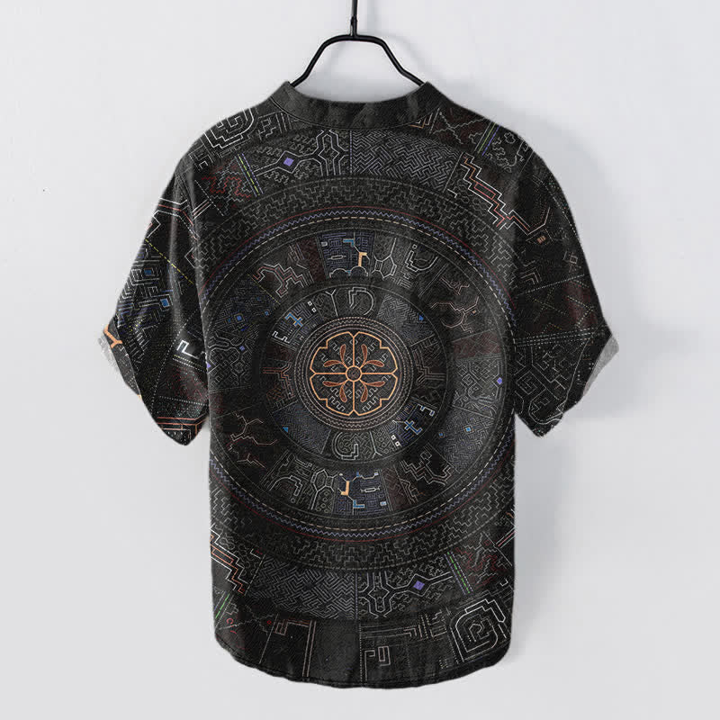 Buddha Stones Koszula męska z krótkim rękawem i krótkim rękawem z bawełny z wzorem mandali w stylu plemiennym, zapinana na pół guzika - image 1