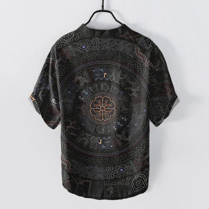 Buddha Stones Koszula męska z krótkim rękawem i krótkim rękawem z bawełny z wzorem mandali w stylu plemiennym, zapinana na pół guzika - image 1