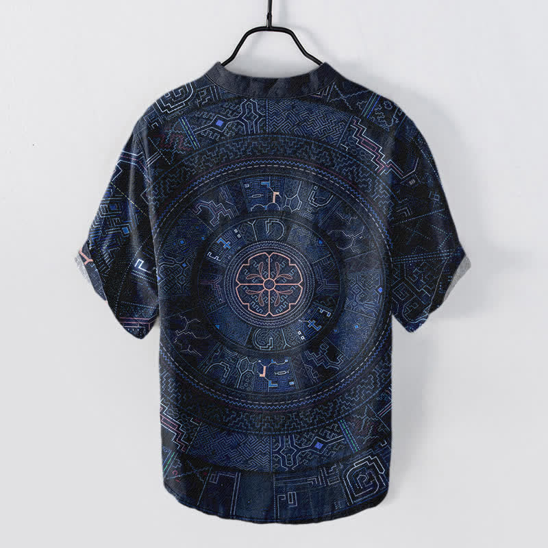 Buddha Stones Koszula męska z krótkim rękawem i krótkim rękawem z bawełny z wzorem mandali w stylu plemiennym, zapinana na pół guzika - image 6