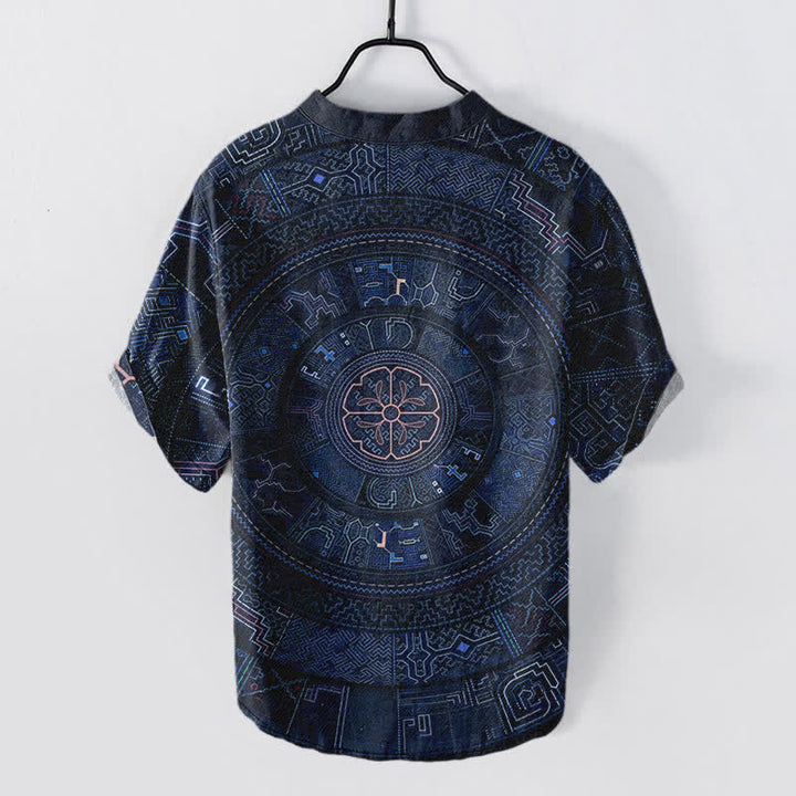 Buddha Stones Koszula męska z krótkim rękawem i krótkim rękawem z bawełny z wzorem mandali w stylu plemiennym, zapinana na pół guzika - image 6