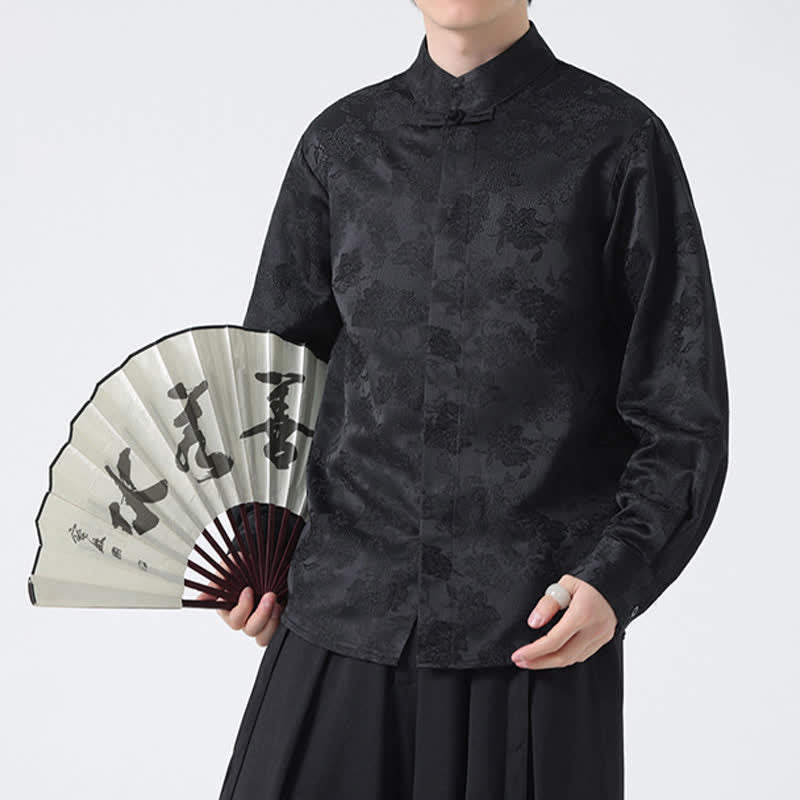 Buddha Stones Eleganckie koszule męskie z długim rękawem w stylu Tang z kołnierzykiem mandaryńskim i kwiatowym wzorem - Czarny - US/UK/AU44， EU54 (4XL) - image 0