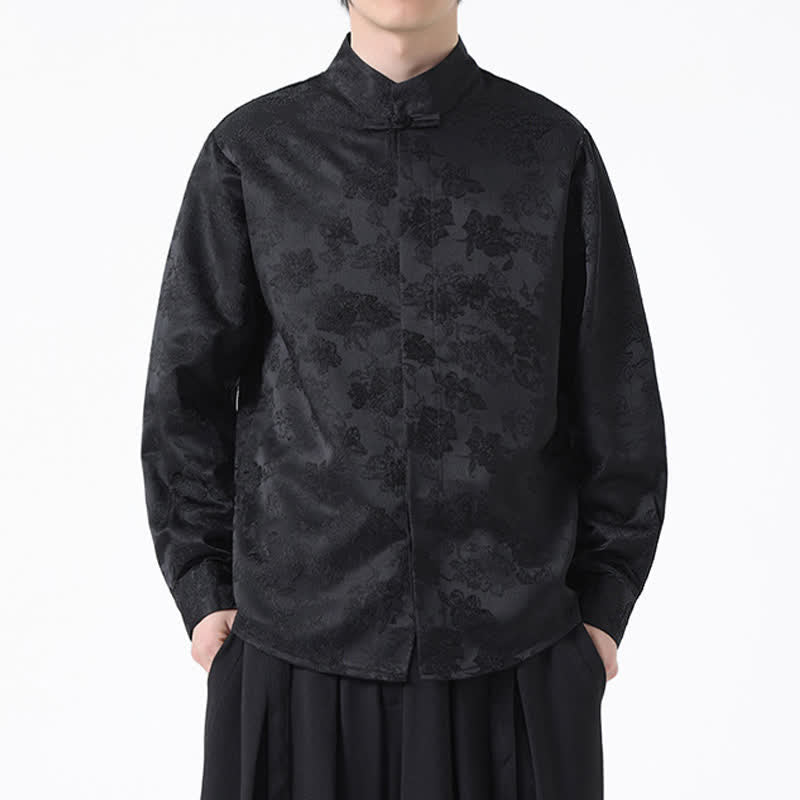 Buddha Stones Eleganckie koszule męskie z długim rękawem w stylu Tang z kołnierzykiem mandaryńskim i kwiatowym wzorem - image 1