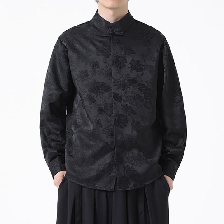 Buddha Stones Eleganckie koszule męskie z długim rękawem w stylu Tang z kołnierzykiem mandaryńskim i kwiatowym wzorem - image 1
