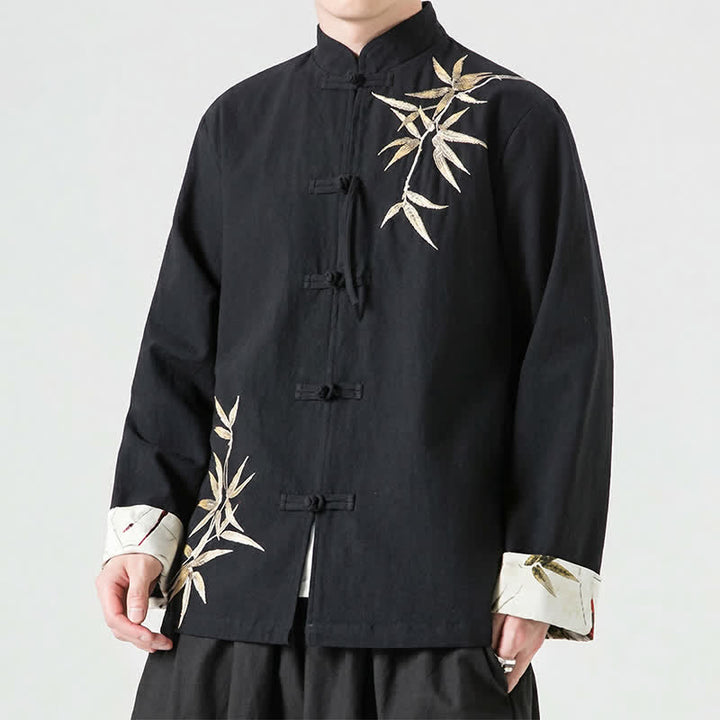 Buddha Stones Kurtka męska na jesień i zimę w stylu vintage z żabim guzikiem, z bawełny i lnu bambusowego - Czarny - US/UK/AU46， EU56 (5XL) - image 12