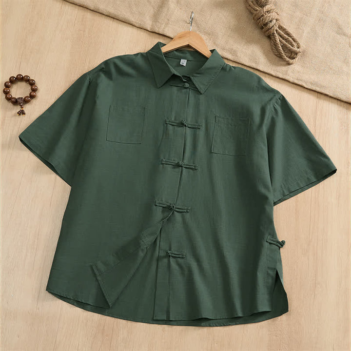 Buddha Stones Letnie, swobodne koszule męskie w stylu Tang z krótkim rękawem i kieszeniami naszywanymi, zapinane na guziki żabki - SeaGreen - US/UK/AU46, EU56 (5XL) - image 8