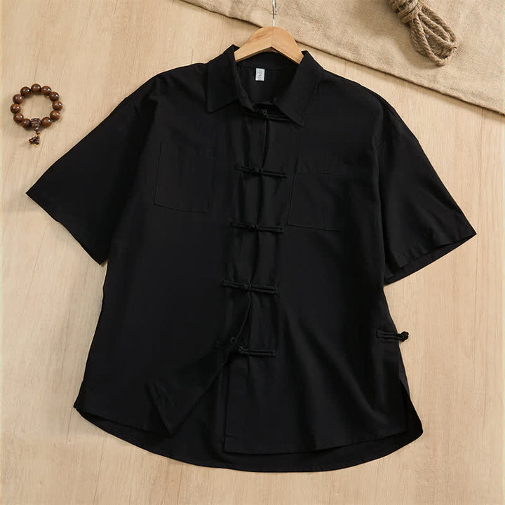 Buddha Stones Letnie, swobodne koszule męskie w stylu Tang z krótkim rękawem i kieszeniami naszywanymi, zapinane na guziki żabki - Czarny - US/UK/AU46, EU56 (5XL) - image 17