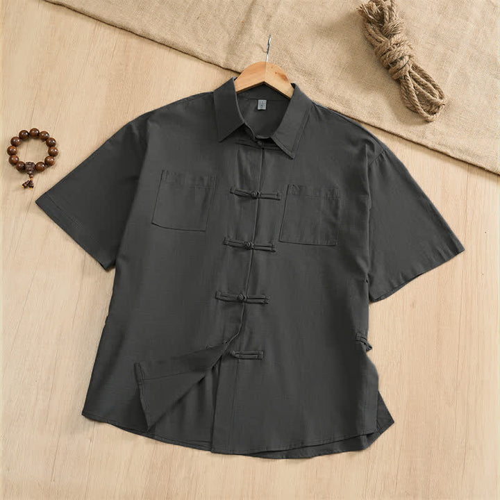 Buddha Stones Letnie, swobodne koszule męskie w stylu Tang z krótkim rękawem i kieszeniami naszywanymi, zapinane na guziki żabki - DimGray - US/UK/AU46, EU56 (5XL) - image 0