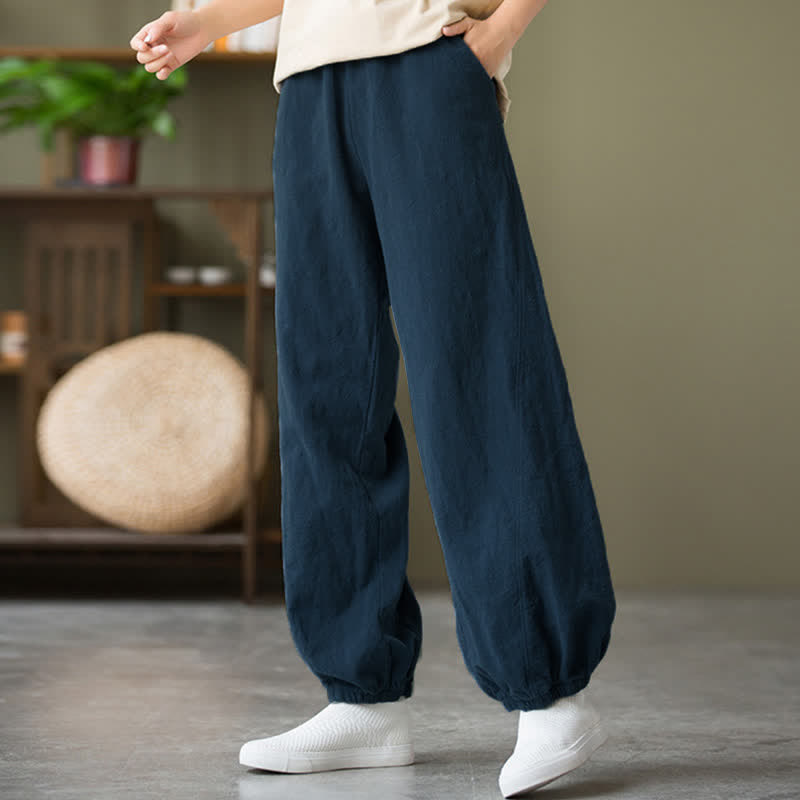 Buddha Stones, gładkie, damskie spodnie z lnu i bawełny z ramią i kieszeniami - image 50