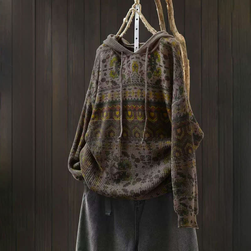 Bluza damska z długim rękawem i dzianinowym kapturem z motywem Buddha Stones w paski i geometryczne kwiaty - Ciemny Khaki - US4-6, UK/AU8-10, EU36-38 (F) - image 12