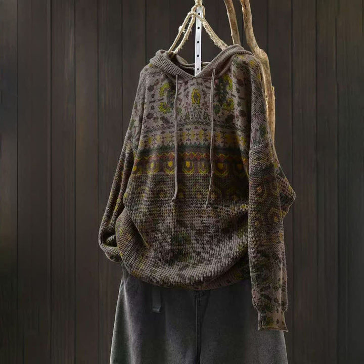 Bluza damska z długim rękawem i dzianinowym kapturem z motywem Buddha Stones w paski i geometryczne kwiaty - Ciemny Khaki - US4-6, UK/AU8-10, EU36-38 (F) - image 12