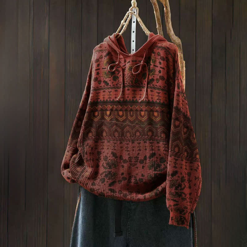 Bluza damska z długim rękawem i dzianinowym kapturem z motywem Buddha Stones w paski i geometryczne kwiaty - Pomidor - US4-6, UK/AU8-10, EU36-38 (F) - image 2