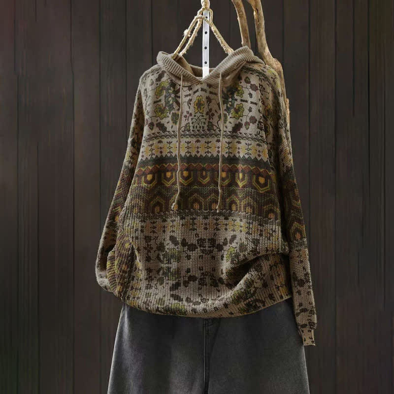 Bluza damska z długim rękawem i dzianinowym kapturem z motywem Buddha Stones w paski i geometryczne kwiaty - Beżowy - US4-6, UK/AU8-10, EU36-38 (F) - image 0