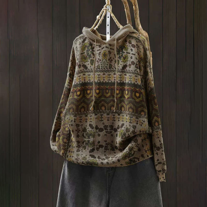 Bluza damska z długim rękawem i dzianinowym kapturem z motywem Buddha Stones w paski i geometryczne kwiaty - Beżowy - US4-6, UK/AU8-10, EU36-38 (F) - image 0