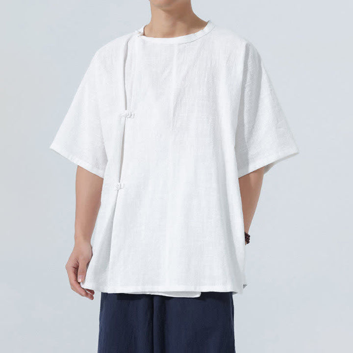 Buddha Stones Letnie koszule męskie z krótkim rękawem w minimalistycznym stylu Tang z guzikami żabki, z solidnej bawełny - Biały - US/UK/AU46， EU56 (5XL) - image 17