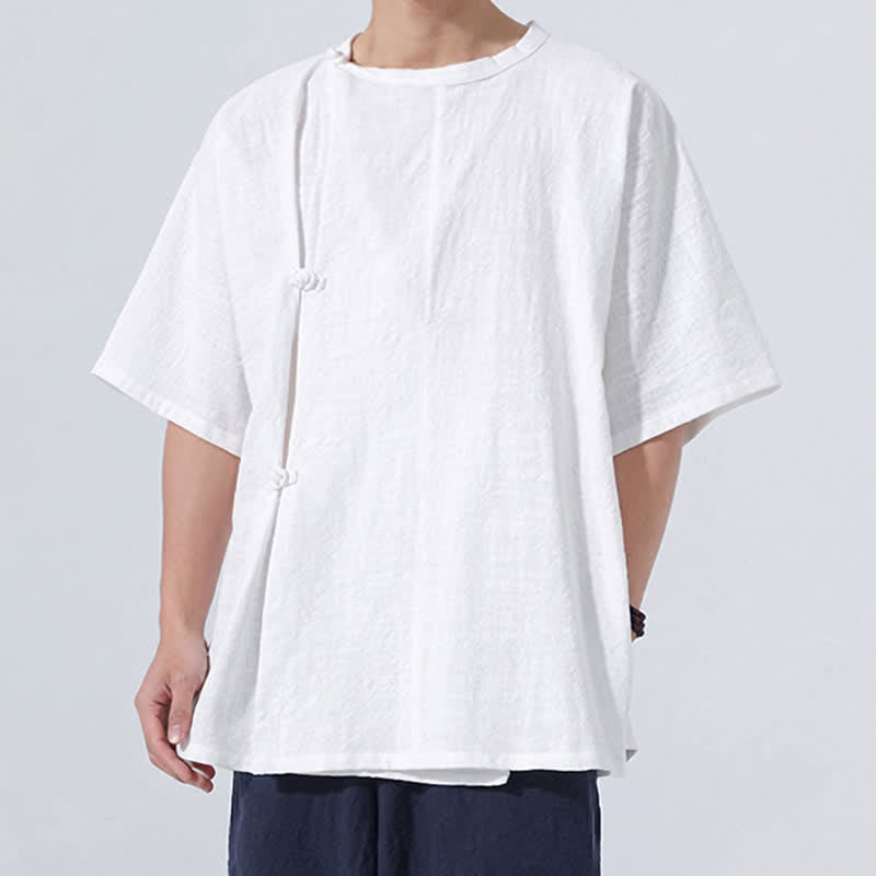 Buddha Stones Letnie koszule męskie z krótkim rękawem w minimalistycznym stylu Tang z guzikami żabki, z solidnej bawełny - image 18