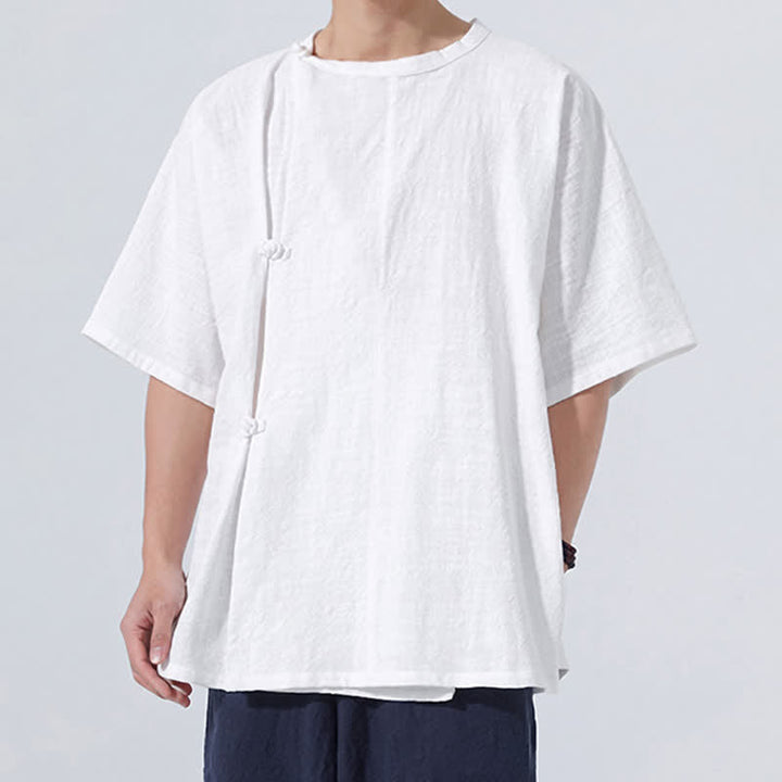 Buddha Stones Letnie koszule męskie z krótkim rękawem w minimalistycznym stylu Tang z guzikami żabki, z solidnej bawełny - image 18