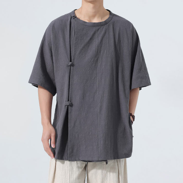 Buddha Stones Letnie koszule męskie z krótkim rękawem w minimalistycznym stylu Tang z guzikami żabki, z solidnej bawełny - DimGray - US/UK/AU46， EU56 (5XL) - image 0