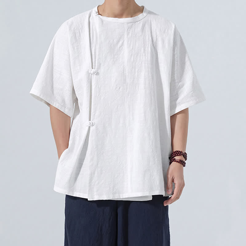 Buddha Stones Letnie koszule męskie z krótkim rękawem w minimalistycznym stylu Tang z guzikami żabki, z solidnej bawełny - image 19