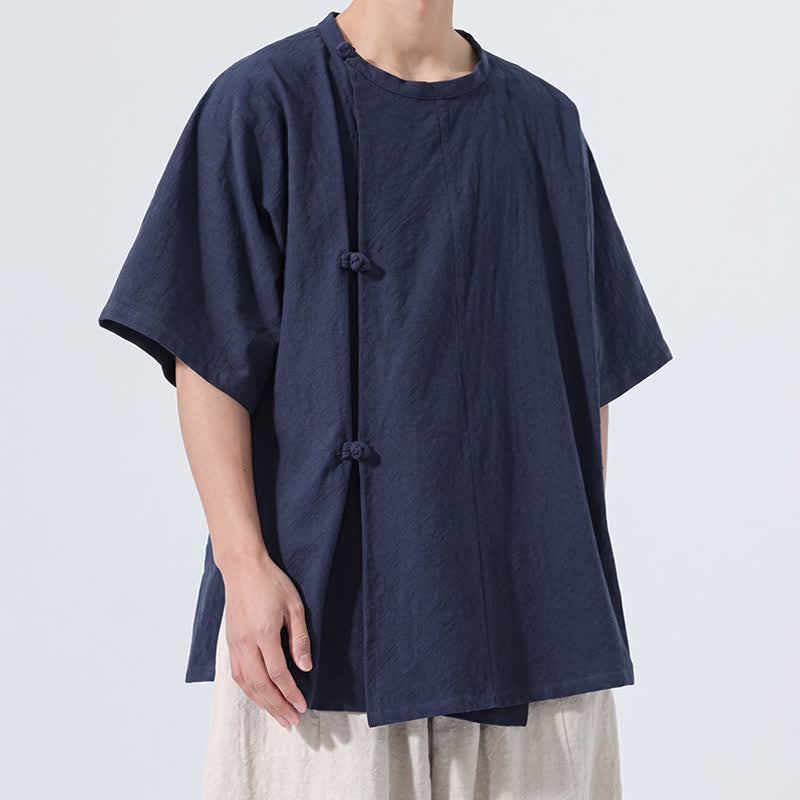 Buddha Stones Letnie koszule męskie z krótkim rękawem w minimalistycznym stylu Tang z guzikami żabki, z solidnej bawełny - image 9