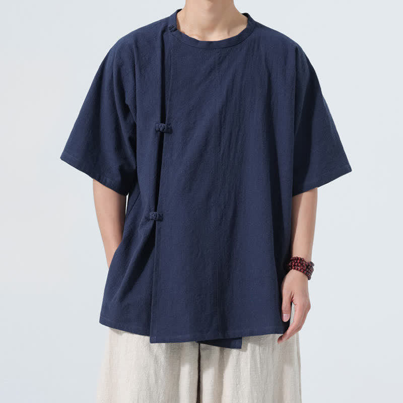 Buddha Stones Letnie koszule męskie z krótkim rękawem w minimalistycznym stylu Tang z guzikami żabki, z solidnej bawełny - MidnightBlue - US/UK/AU46， EU56 (5XL) - image 7