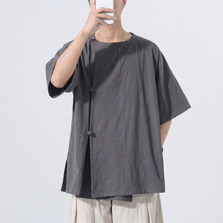 Buddha Stones Letnie koszule męskie z krótkim rękawem w minimalistycznym stylu Tang z guzikami żabki, z solidnej bawełny - image 2