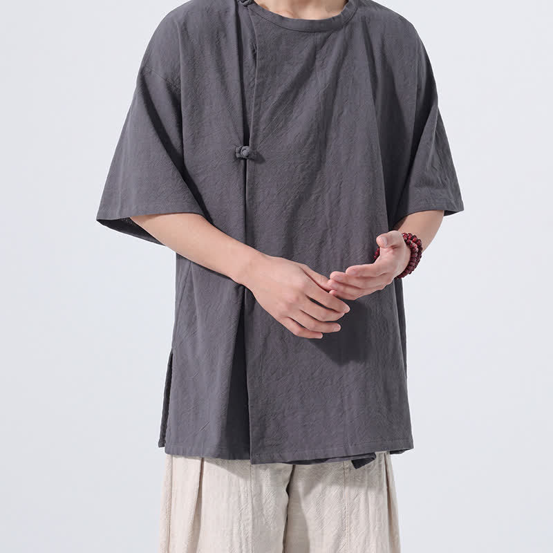 Buddha Stones Letnie koszule męskie z krótkim rękawem w minimalistycznym stylu Tang z guzikami żabki, z solidnej bawełny - image 4