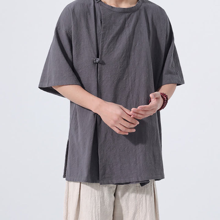 Buddha Stones Letnie koszule męskie z krótkim rękawem w minimalistycznym stylu Tang z guzikami żabki, z solidnej bawełny - image 4