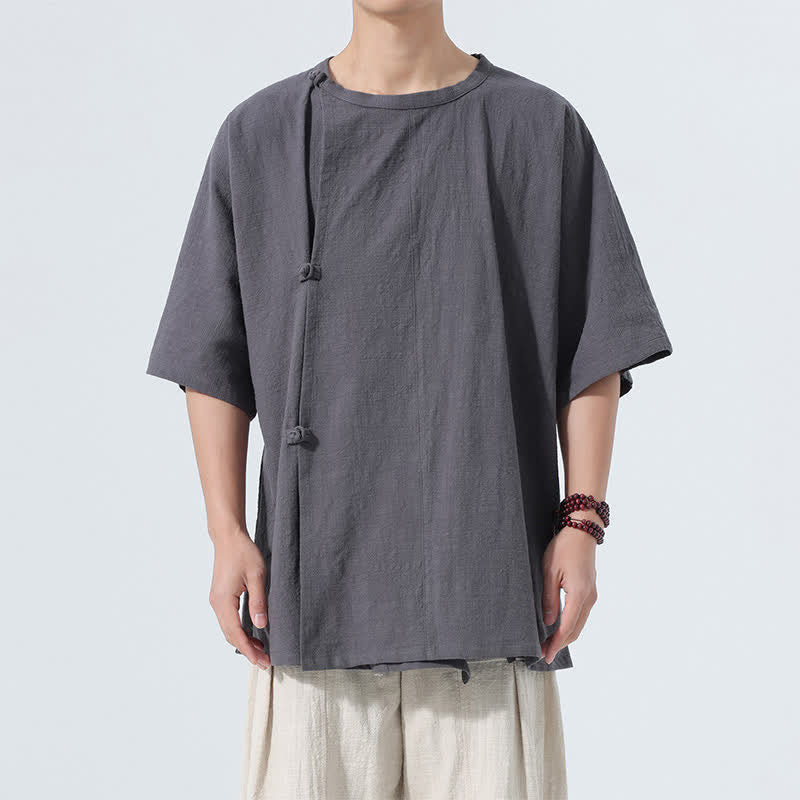 Buddha Stones Letnie koszule męskie z krótkim rękawem w minimalistycznym stylu Tang z guzikami żabki, z solidnej bawełny - image 1