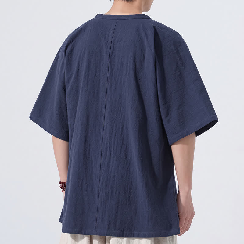 Buddha Stones Letnie koszule męskie z krótkim rękawem w minimalistycznym stylu Tang z guzikami żabki, z solidnej bawełny - image 13